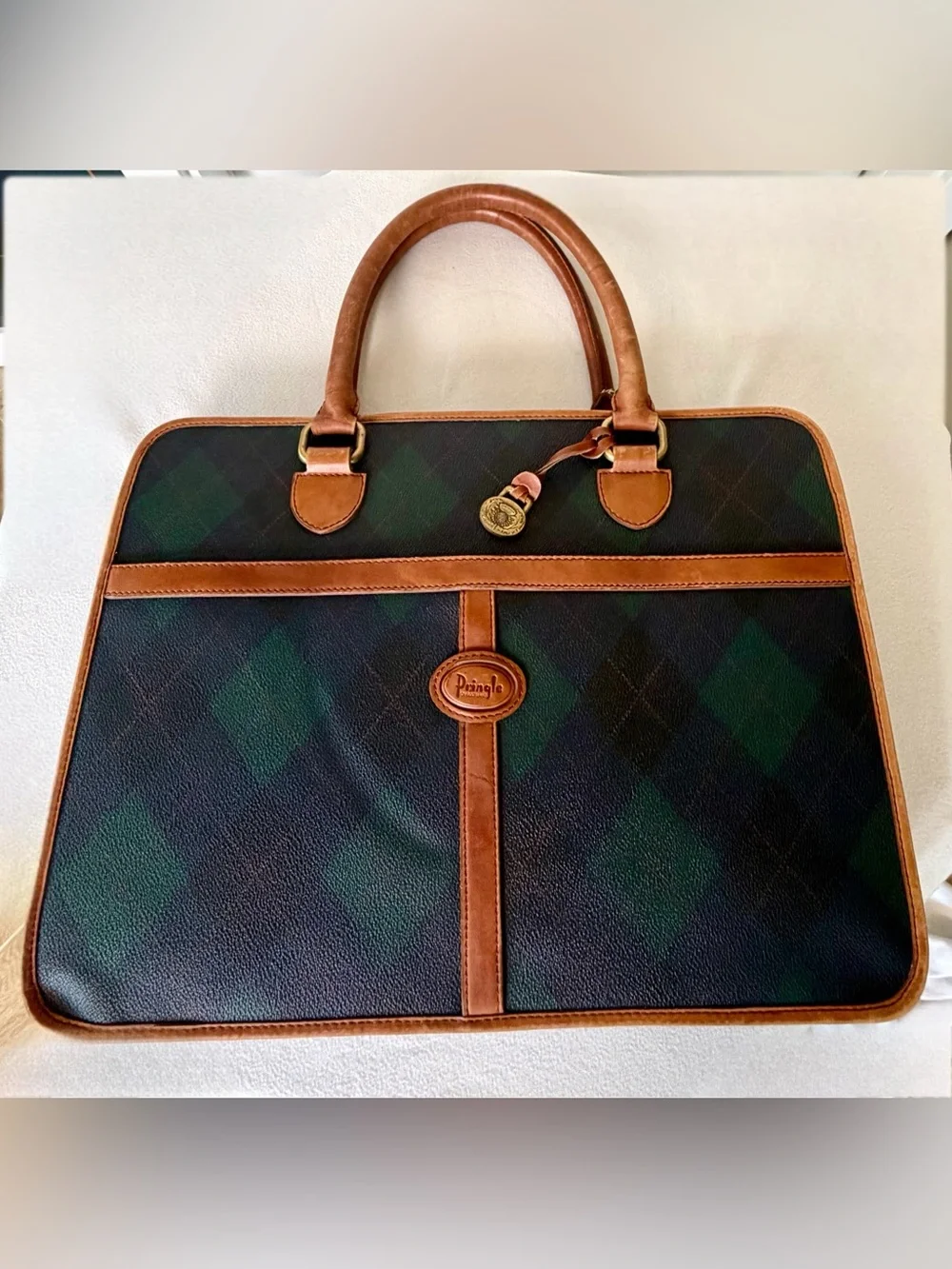 Pringle of Scotland VTG leather & coated canvas laptop bag, zip, brass, GUC